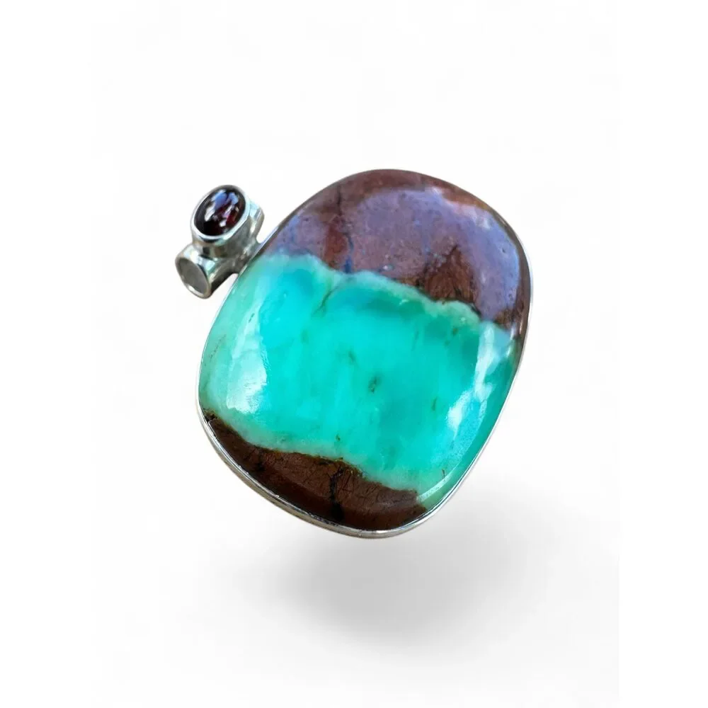 Chrysoprase & Garnet Solid 925 Sterling Silver Pendant